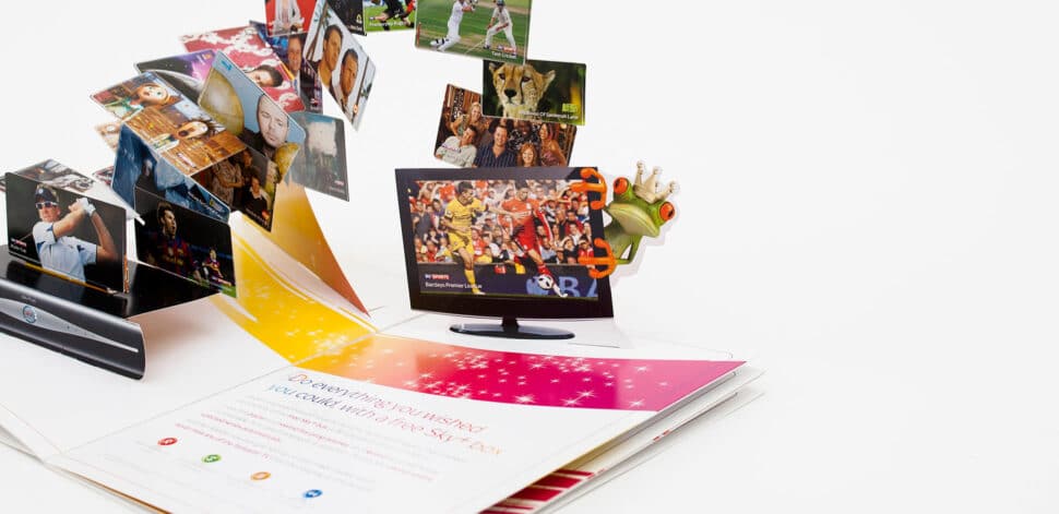 Colourful pop up brochure featuring 3D screens